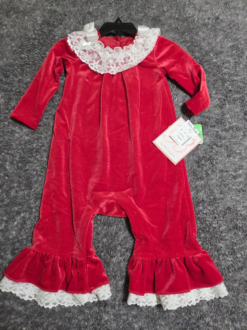 Bonnie Jean Red Velvet Lace-Trim One-Piece